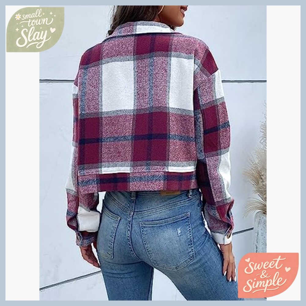Flannel Cropped Plaid Shacket Jacket Button Down Long Sleeve Top - Picture 6 of 7
